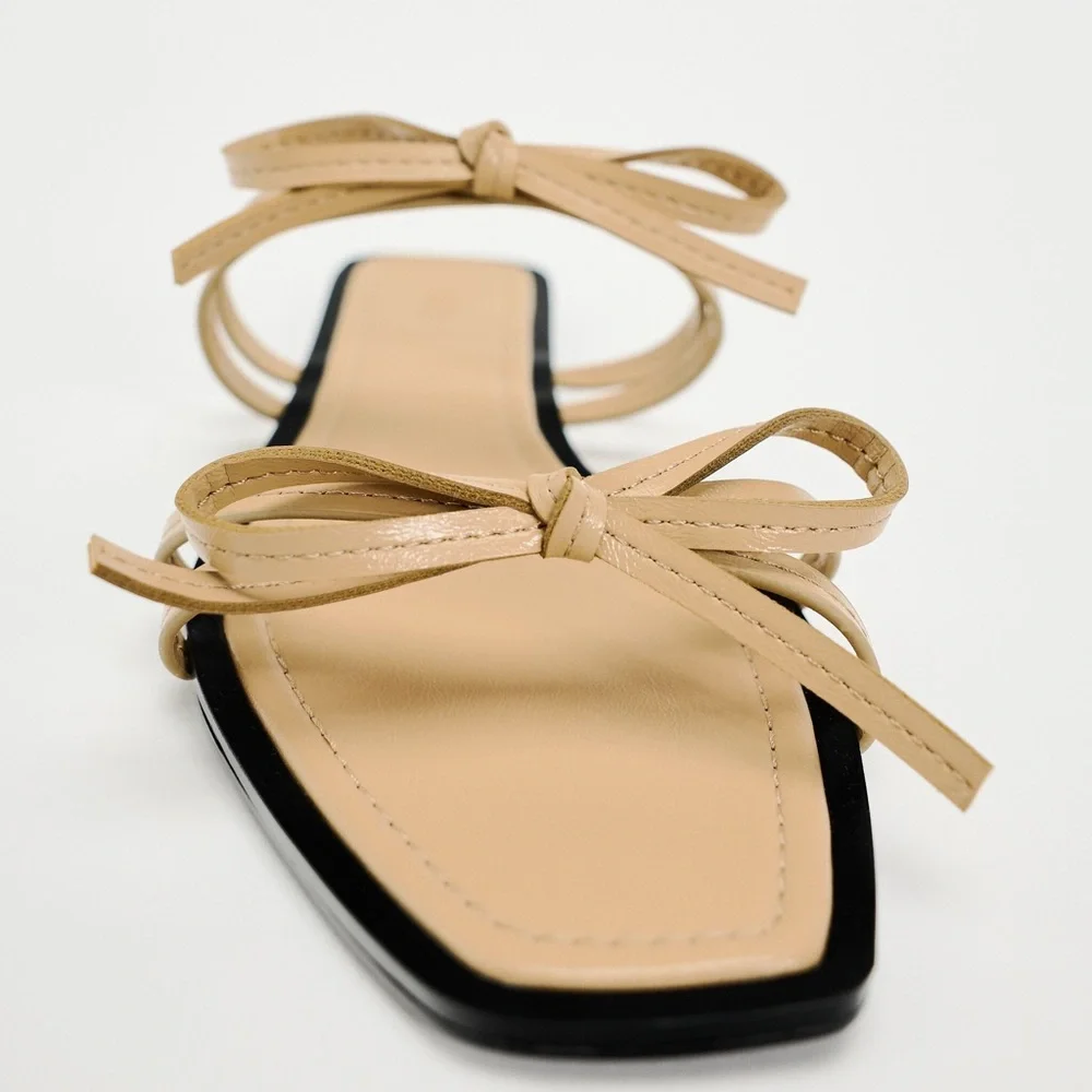 ZARA NUDE BOW TRIM FLAT SANDALS - Picture 3 of 7